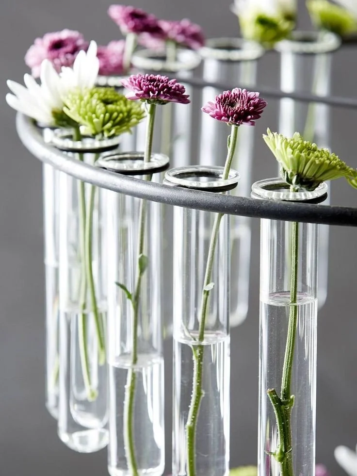 Test tubes with colorful flowers in a laboratory setting.