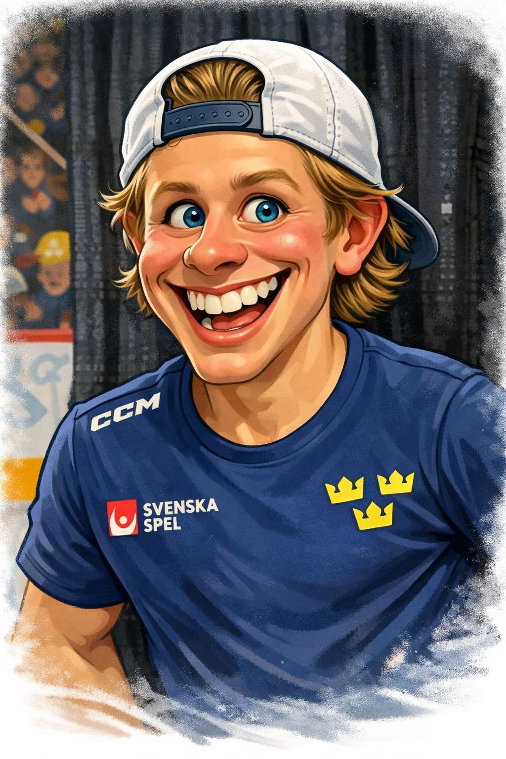 Une illustration d'un homme avec un large sourire, portant une casquette blanche à l'envers et un maillot bleu avec des logos de la Suède.