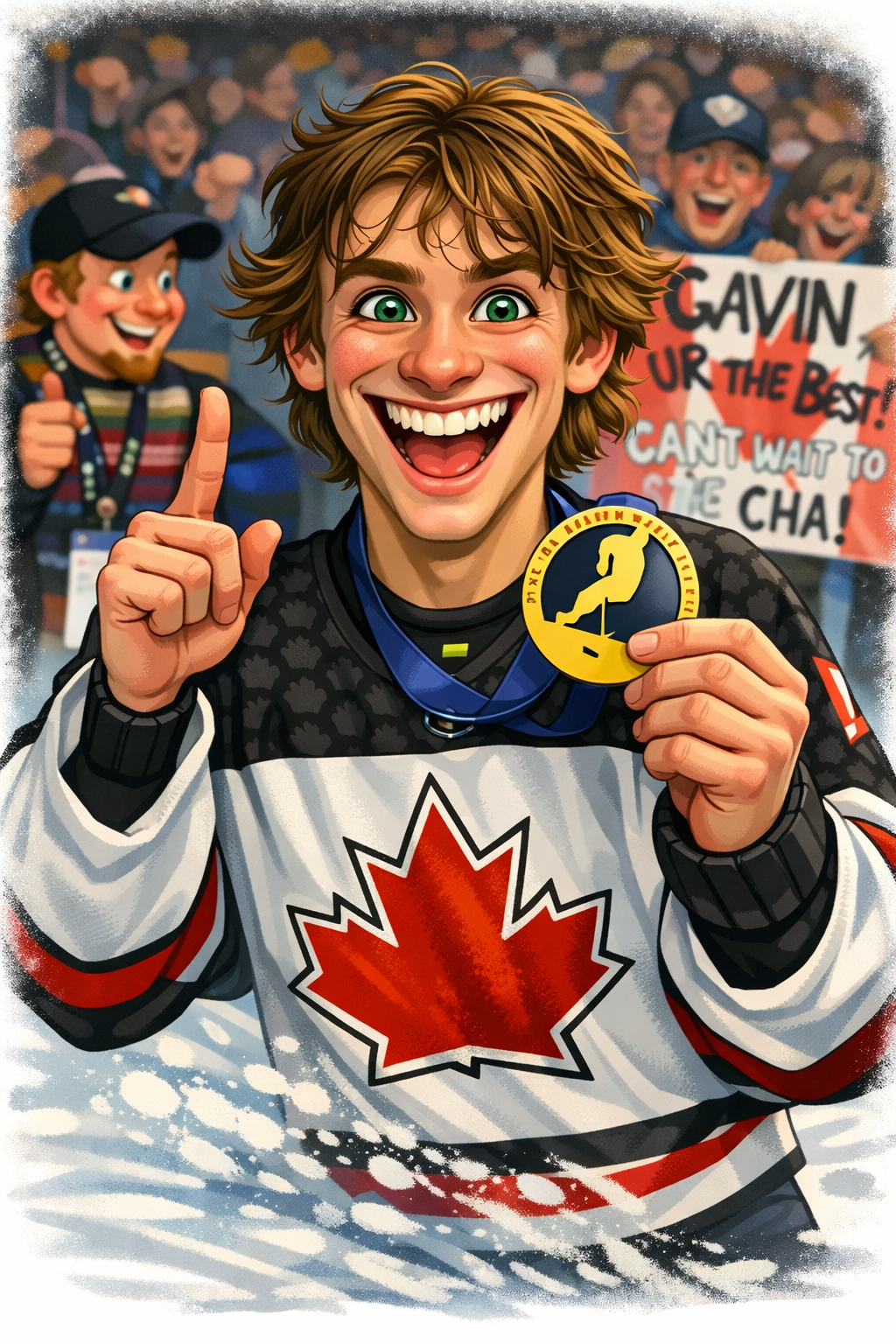 Un jeune athlète en tenue de hockey avec un écusson de feuille d'érable, tenant une médaille et souriant de joie, avec une foule en arrière-plan célébrant.