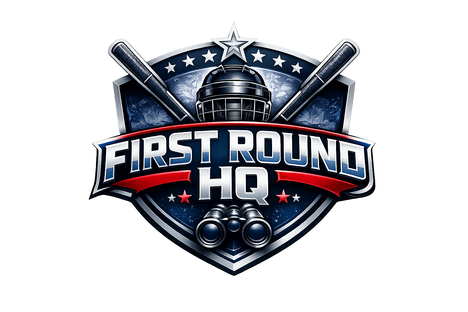 Logo de hockey avec un casque, deux crosses, des étoiles et un globe terrestre en arrière-plan, avec le texte 'First Round HQ'.