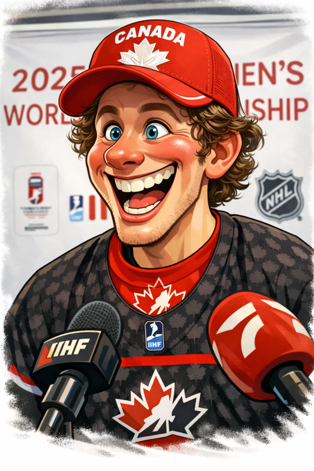 Caricature d'un joueur de hockey canadien souriant lors d'une interview, portant une casquette rouge avec le mot "Canada" et un symbole de feuille d'érable, en arrière-plan un panneau mentionnant le championnat mondial féminin 2025 de hockey.