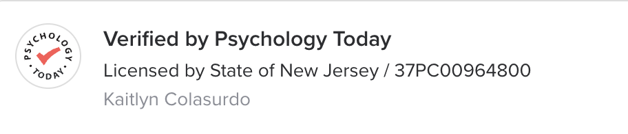 Psychology Today verification badge with licensed by New Jersey, credential number 37PC00964800, and Kaitlyn Colasurdo's name.