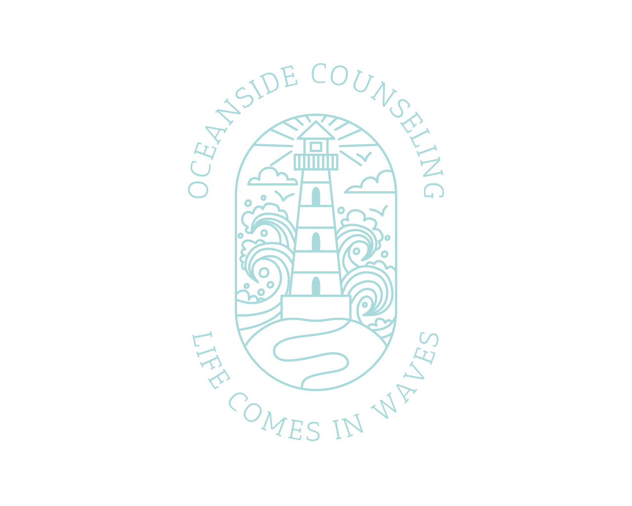 Stylized lighthouse surrounded by waves, clouds, and flying birds with the text 'Oceanside Counseling' above and 'Life Comes in Waves' below.