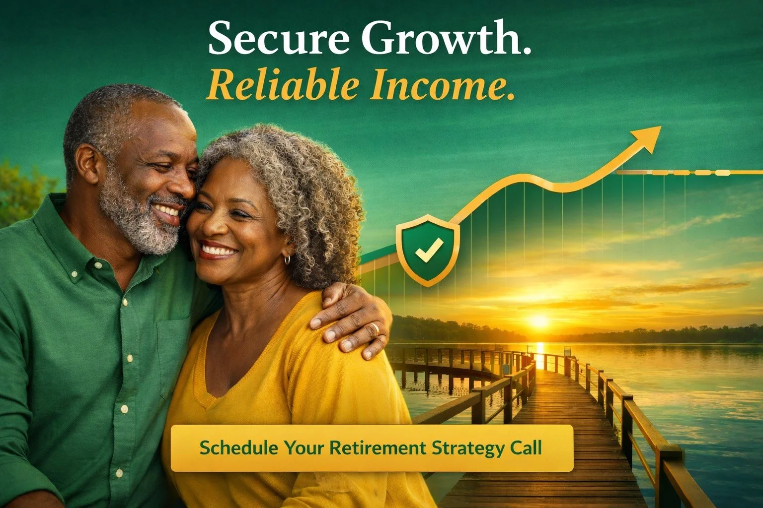 An elderly couple smiling and embracing each other near a lake at sunset with a green background, overlayed with a financial growth graph, shield with checkmark, and text promoting reliable income and retirement strategy planning.