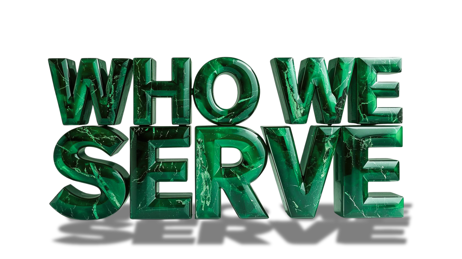 3D text spelling 'WHO SEV' in green marble texture with reflections and shadows.