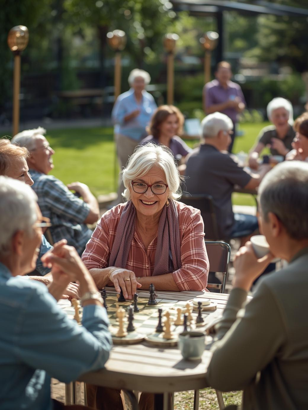 Elderly women playing chess outdoors, smiling, with other seniors in the background, sunny day, green foliage, enjoying social gathering.