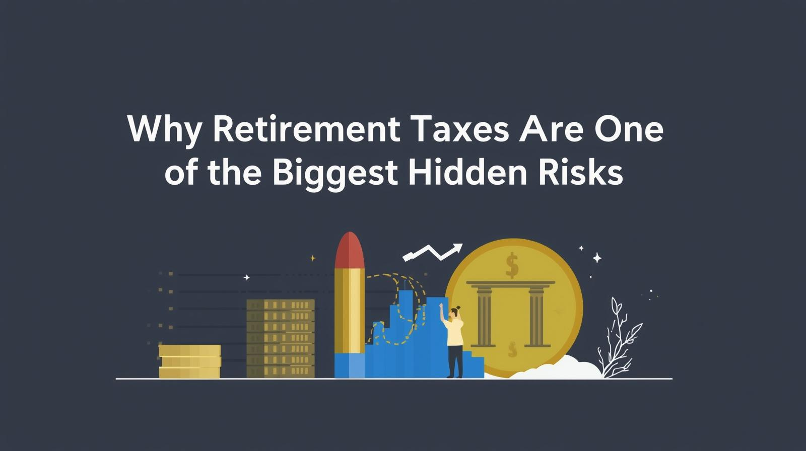 Title slide with text 'Why Retirement Taxes Are One of the Biggest Hidden Risks' and illustrations of stacked coins, a rocket, a person taking a selfie, a large dollar coin with columns, and a plant on a dark background.
