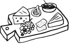 A cheese and fruit platter with cheese blocks, grapes, a pear, and a wedge of cheese on a wooden board.