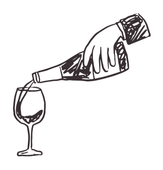 Drawing of a hand pouring wine from a wine bottle into a wine glass.