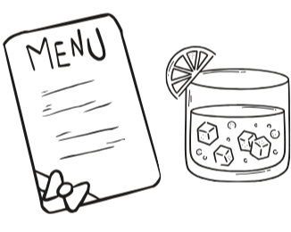 A hand-drawn illustration of a menu and a glass of drink with ice and a lemon wedge.