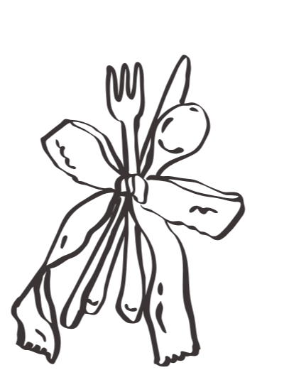 A drawing of a bow made from a ribbon with a fork, spoon, and knife positioned on the bow.