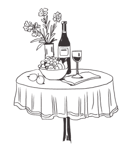 Line drawing of a table with a tablecloth, a bowl of fruit, a wine bottle, a glass of wine, a small book or magazine, and a pair of eyeglasses, with a vase of flowers in the background.