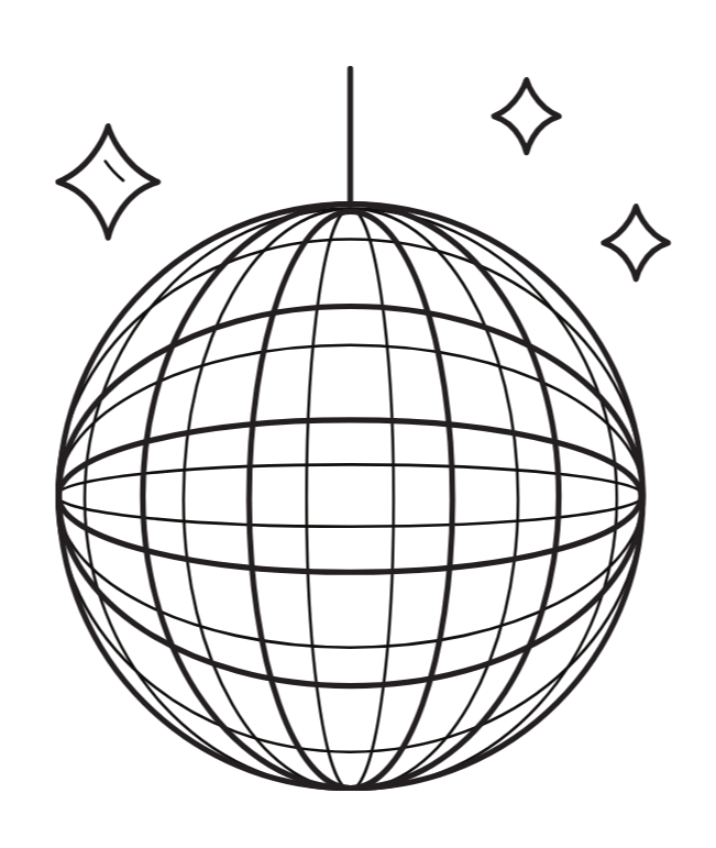 A digital illustration of a disco ball with a black background and glowing stars around it.