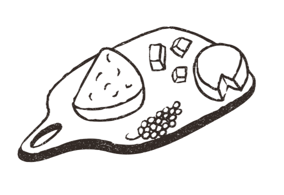 Illustration of a cheese board with cheese, chips, grapes, and slices of meat or cheese.