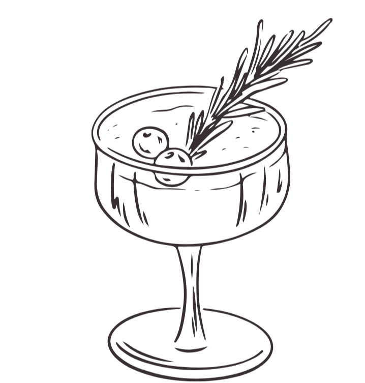 Hand-drawn illustration of a cocktail glass with berries and a sprig of rosemary.
