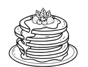 Stack of pancakes topped with strawberries and syrup.