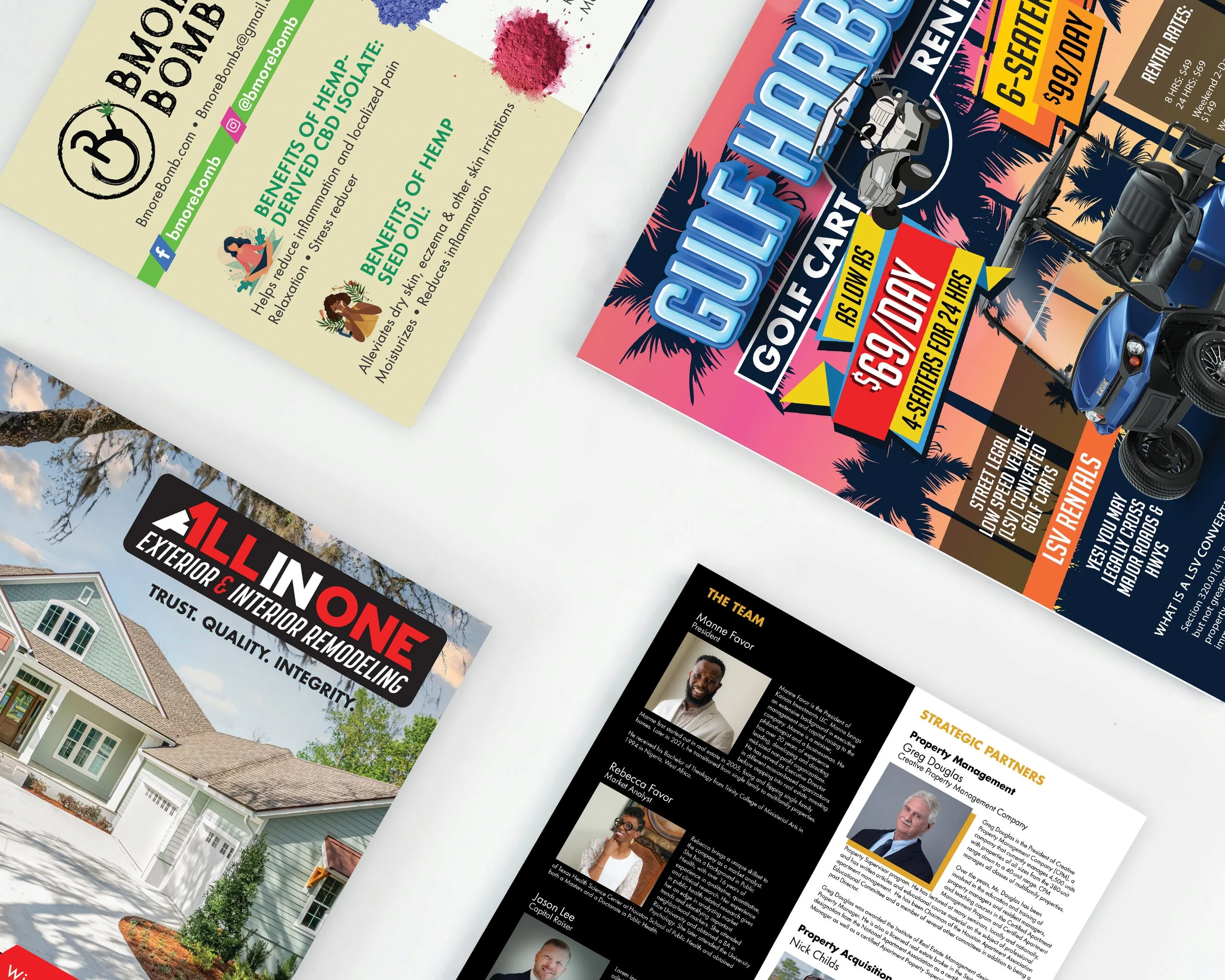 Various printed advertisements and flyers for real estate, golf cart rentals, and hemp benefits. The flyers feature images of houses, golf carts, and a team of professionals with their profiles.