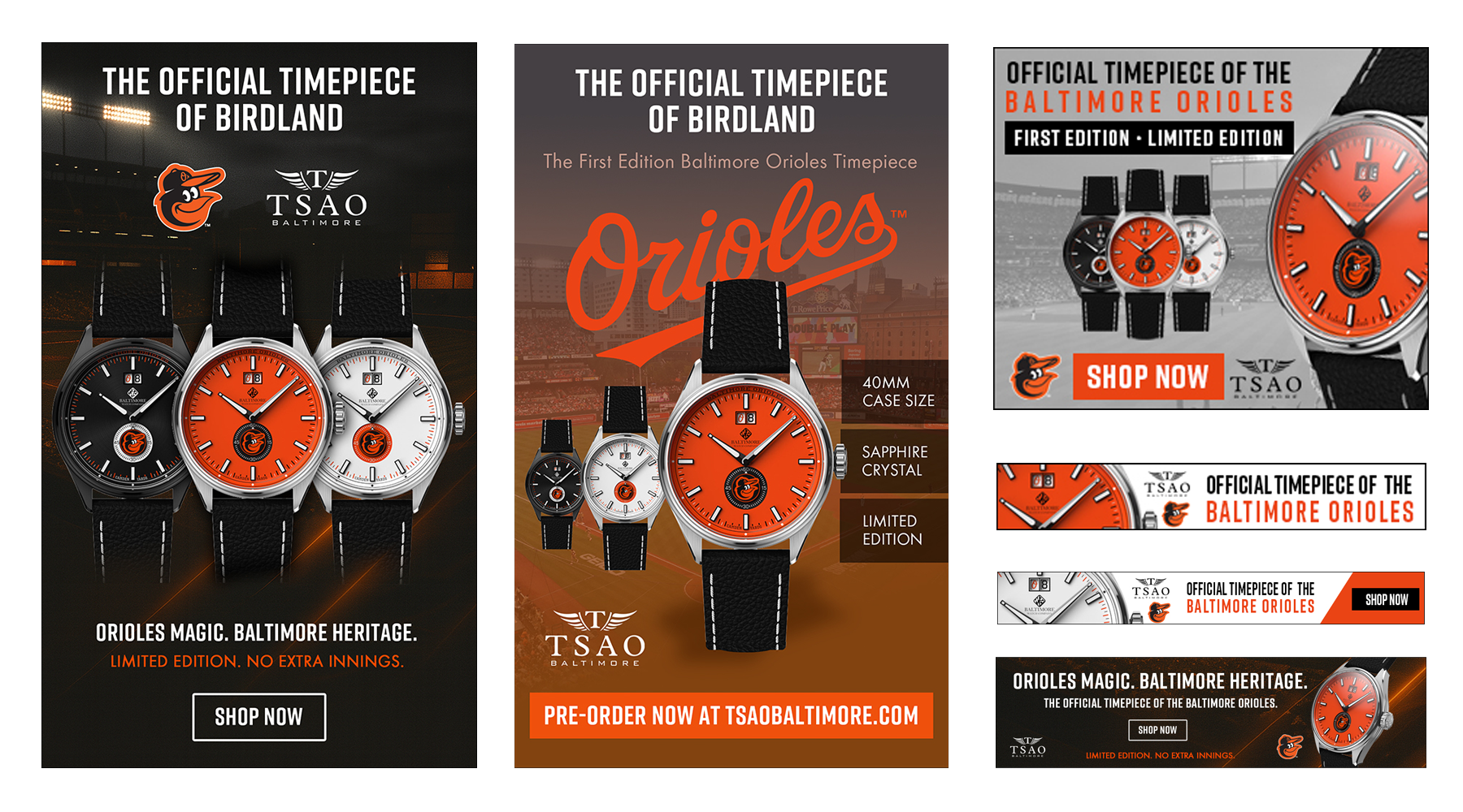 Advertisement for Baltimore Orioles-themed limited edition wristwatches by TSAO Baltimore, featuring three watches in black, orange, and white with the Orioles logo, with promotional text about the watches and a "Shop Now" button.