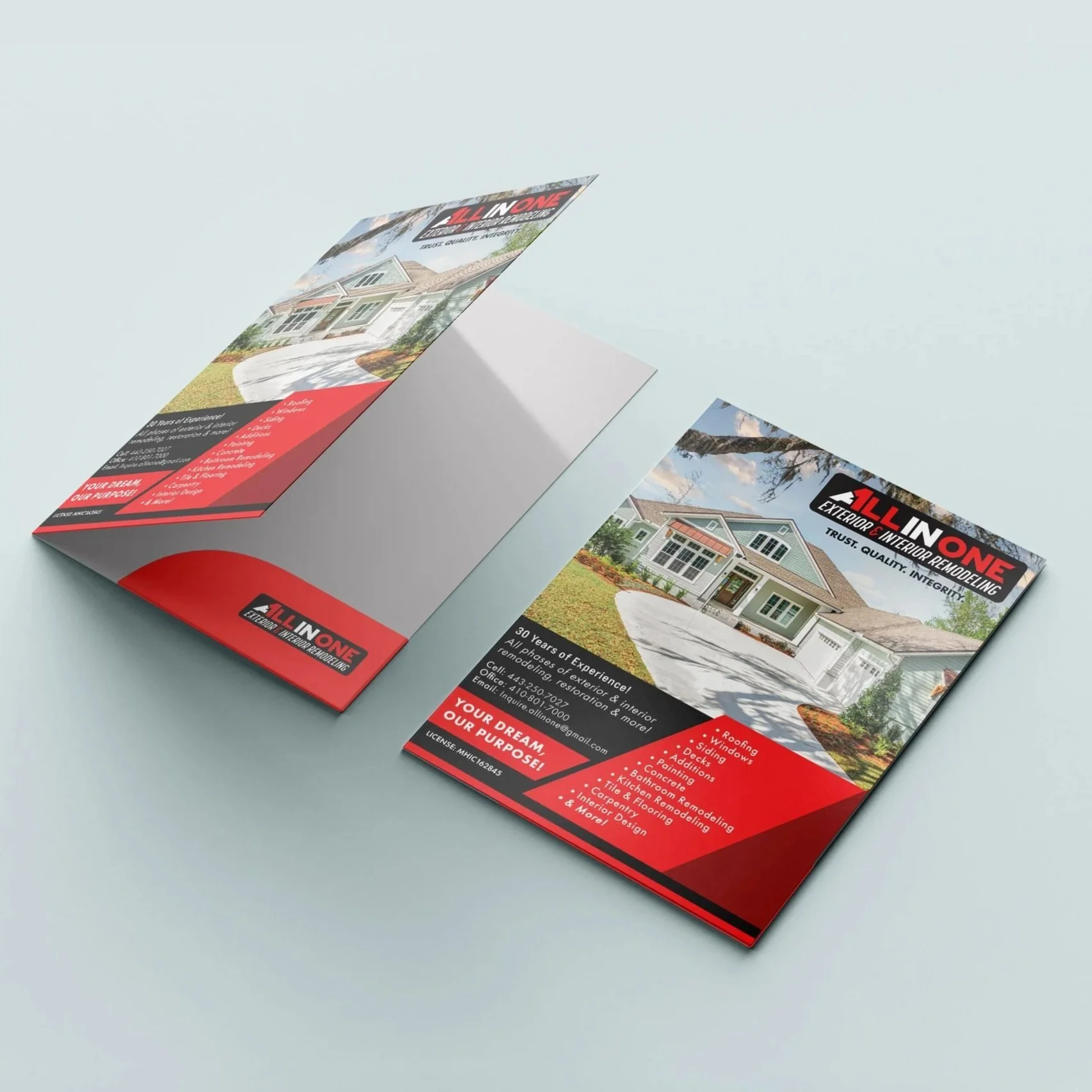Brochure for All In One Exterior & Interior Remodeling featuring a large house with a driveway, listing services like roofing, windows, decks, siding, and more.