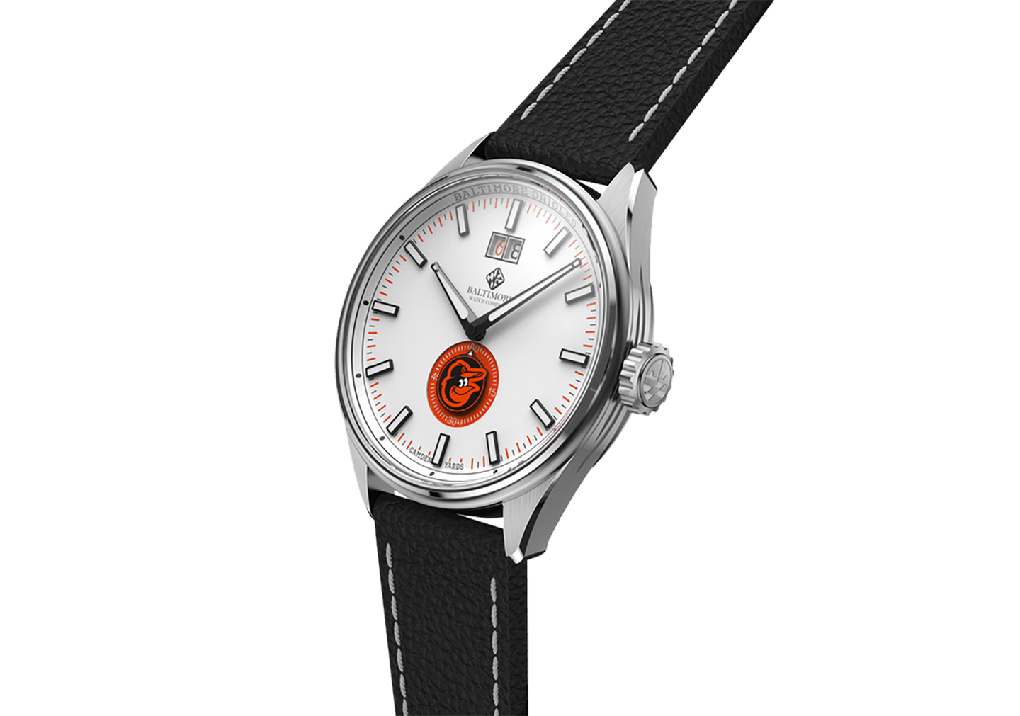 A wristwatch with a white dial, black case, and black leather strap featuring white stitching, displaying the Baltimore Orioles logo in orange and black at the 6 o'clock position.