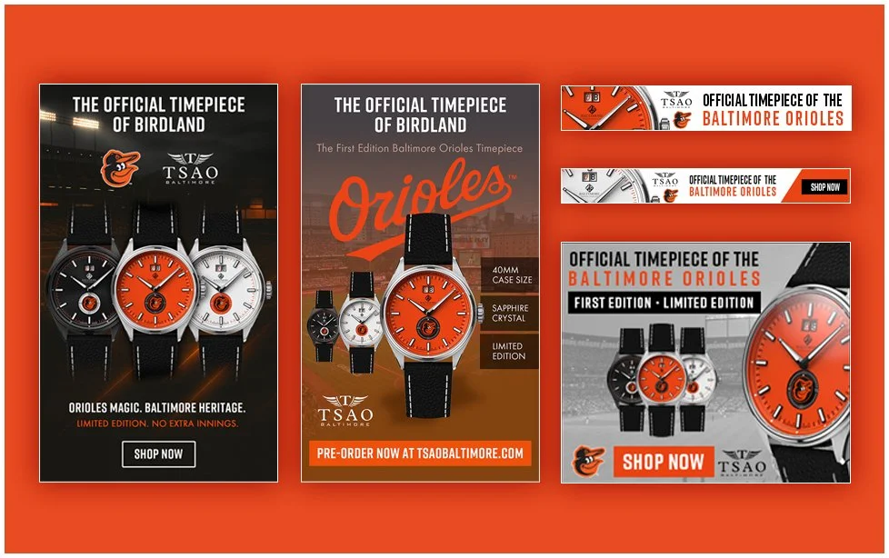 Collection of Baltimore Orioles-themed wristwatch advertisements featuring black, white, and orange watch faces with the team's logo, with calls to action like "Shop Now" and "Pre-order now at tsaoalbimore.com."