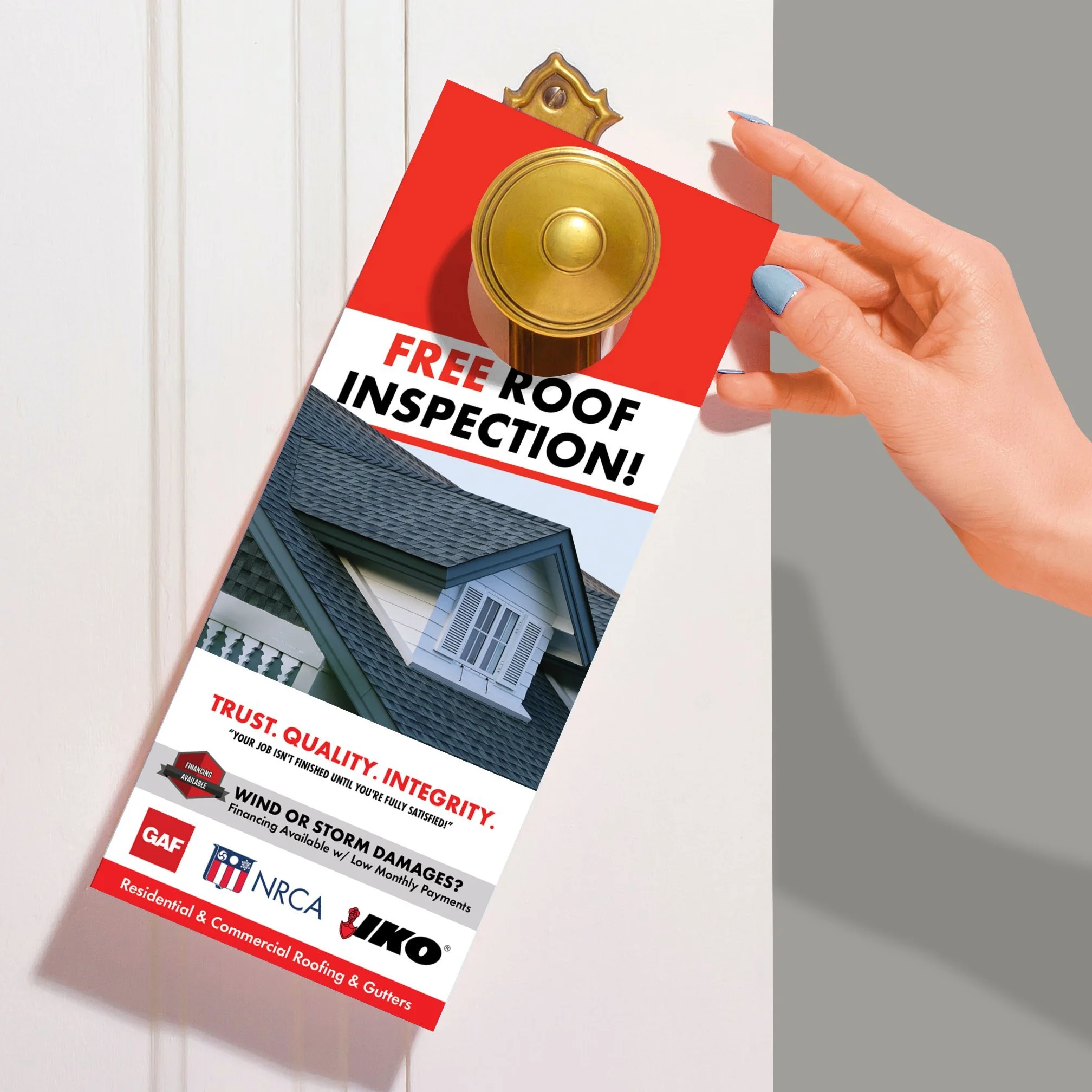 Door hanger advertising a free roof inspection with a photo of a house roof, logos of roofing companies, and text emphasizing trust, quality, and integrity.