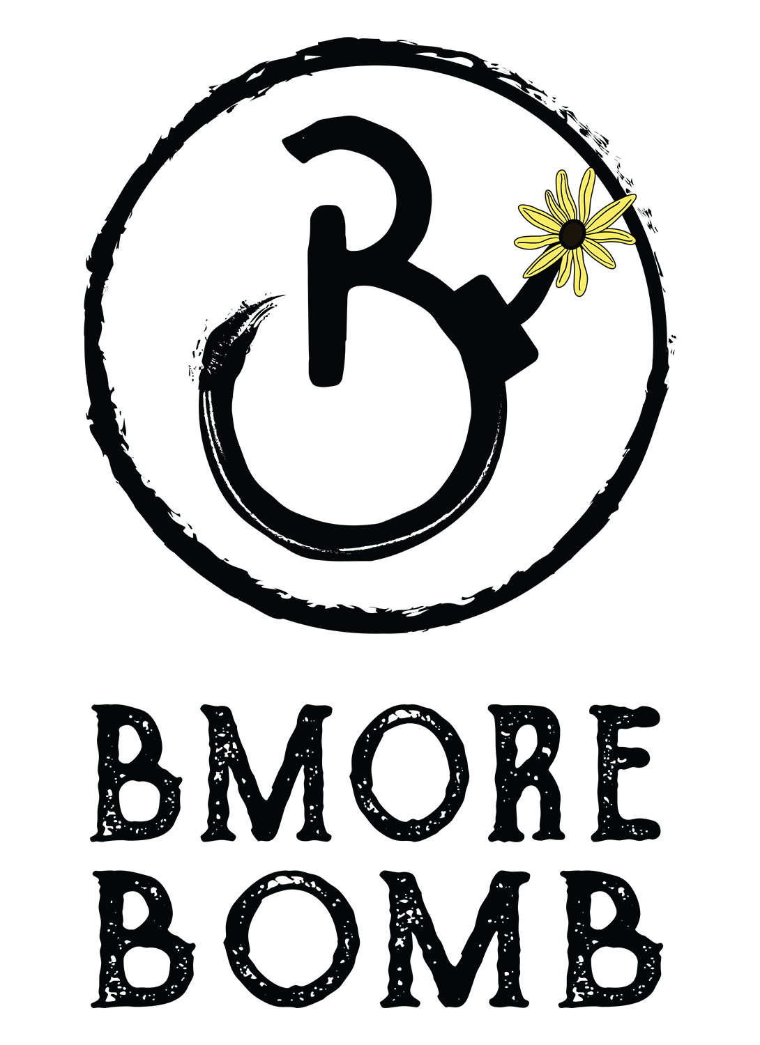 A black circular logo with a power symbol and a yellow flower on the upper right. Below, the text reads "Bmore Bomb" in black.