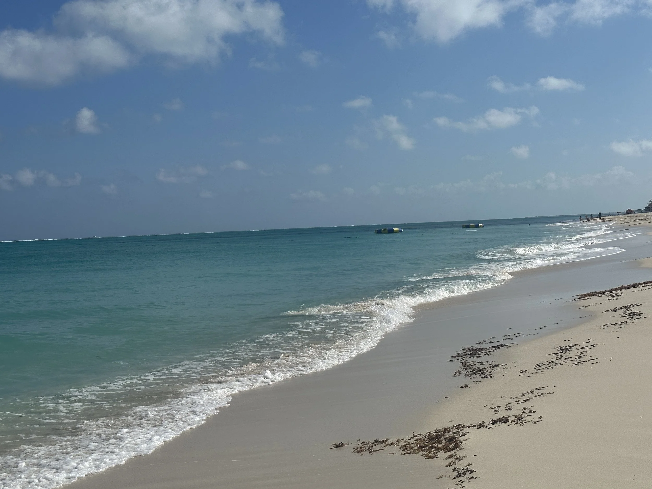 A serene beach with gentle waves lapping the sandy shore under a partly cloudy sky.
