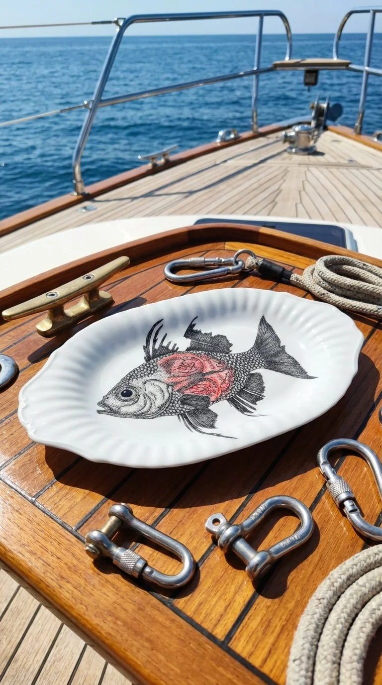 A decorative ceramic plate with a fish illustration featuring roses on a wooden boat deck, surrounded by metal rigging and ropes, with the ocean in the background.