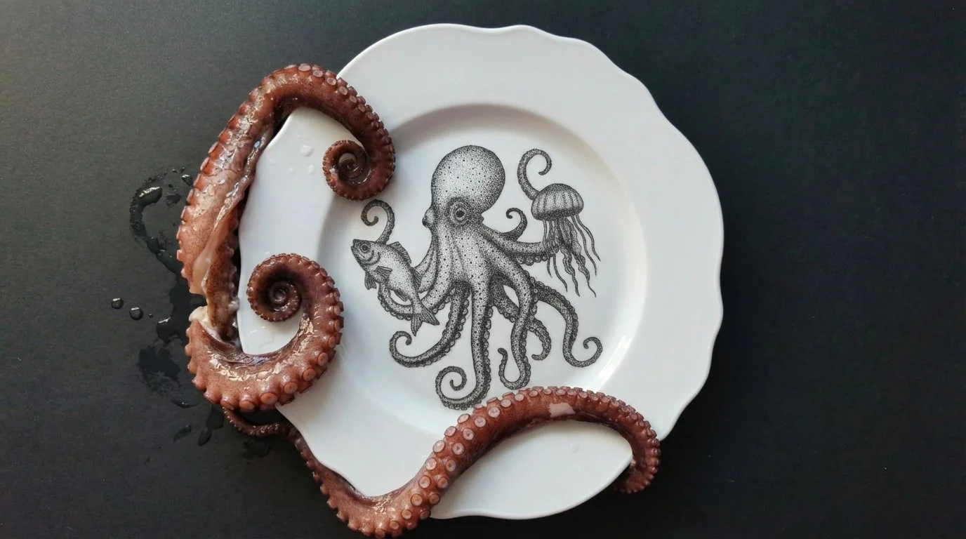 A white plate with a black and white drawing of an octopus holding a fish and a jellyfish. Two octopus tentacles are placed on the plate's side, touching a black surface.