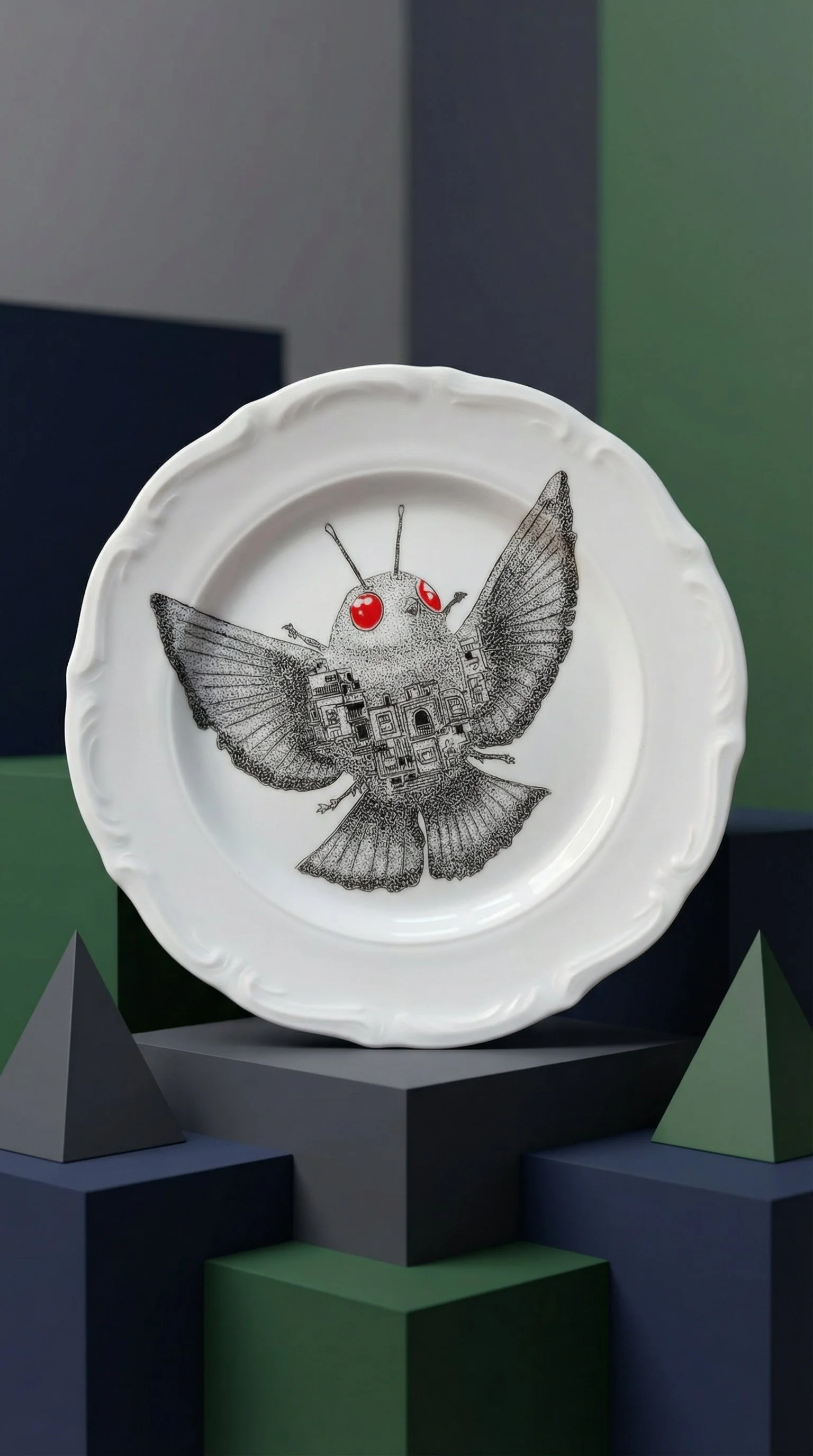 Decorative white plate featuring a black and white illustration of a butterfly with red eyes and circuit-like details on its body, displayed on a multi-colored pyramid-shaped stand.