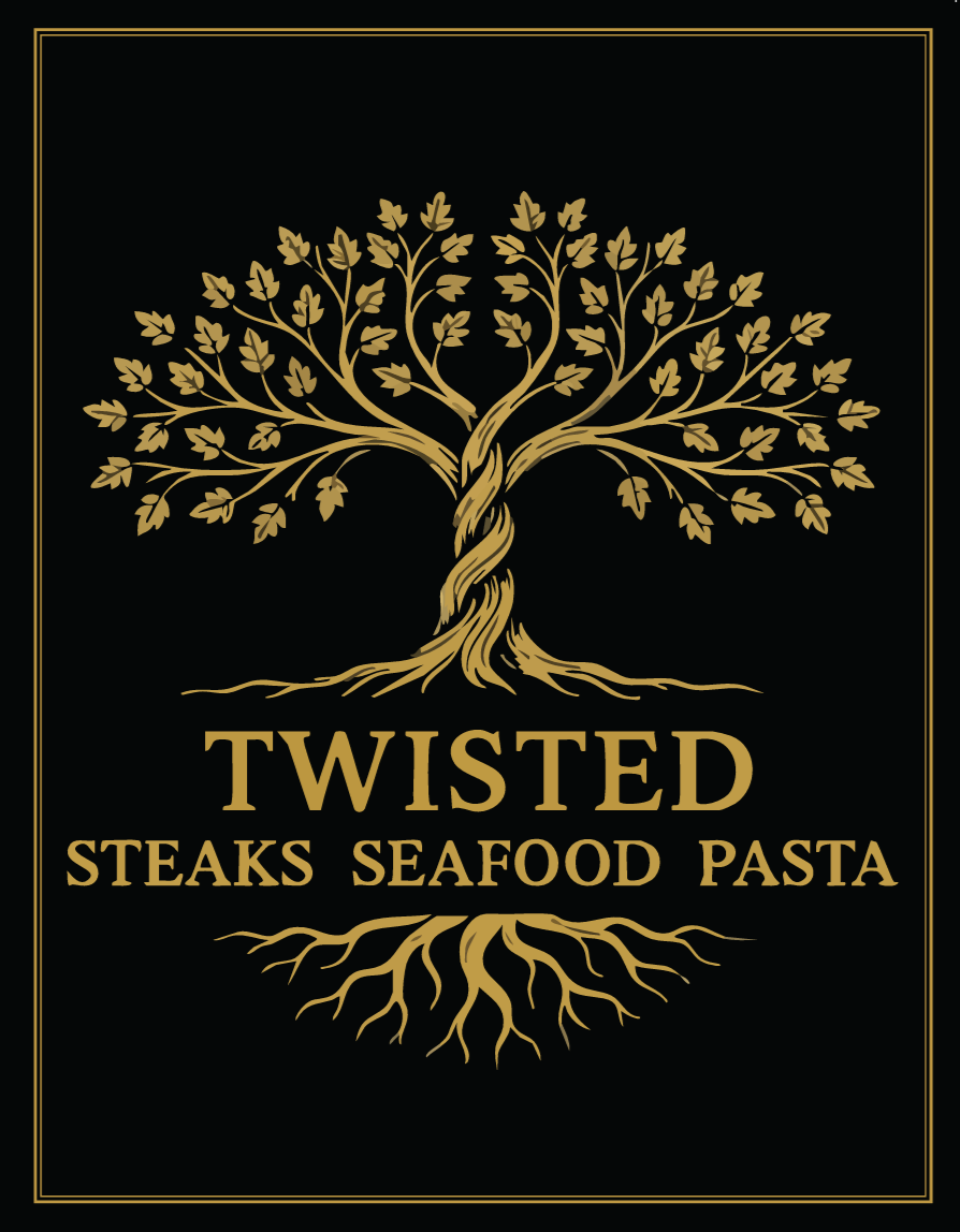A black background with a gold outline of a tree with roots. The tree's trunk and branches form a twisting shape. Below the tree, the words 'TWISTED STEAKS SEAFOOD PASTA' are written in gold.