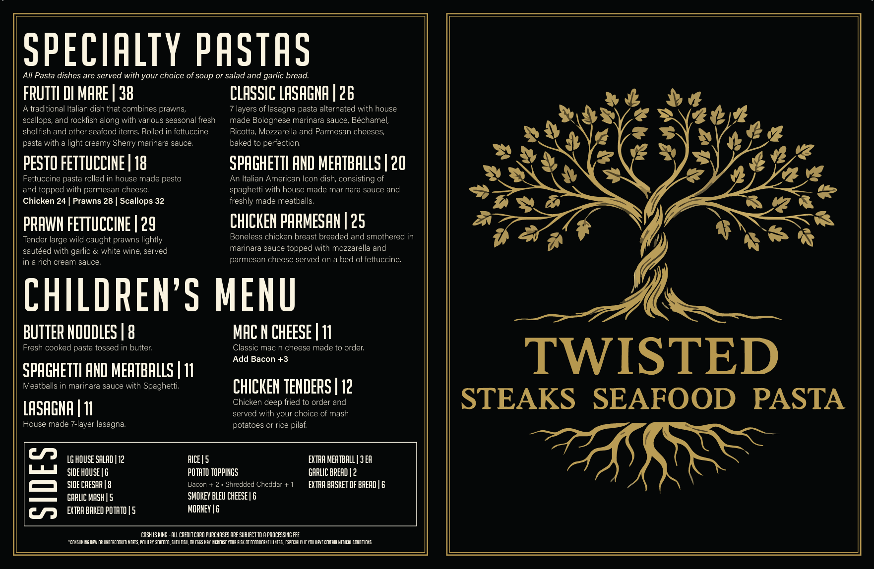 Menu for Twisted Steaks Seafood Pasta with sections for Specialty Pastas, Children's Menu, and Sides. The menu background is black with gold text and a gold tree graphic on the right side.