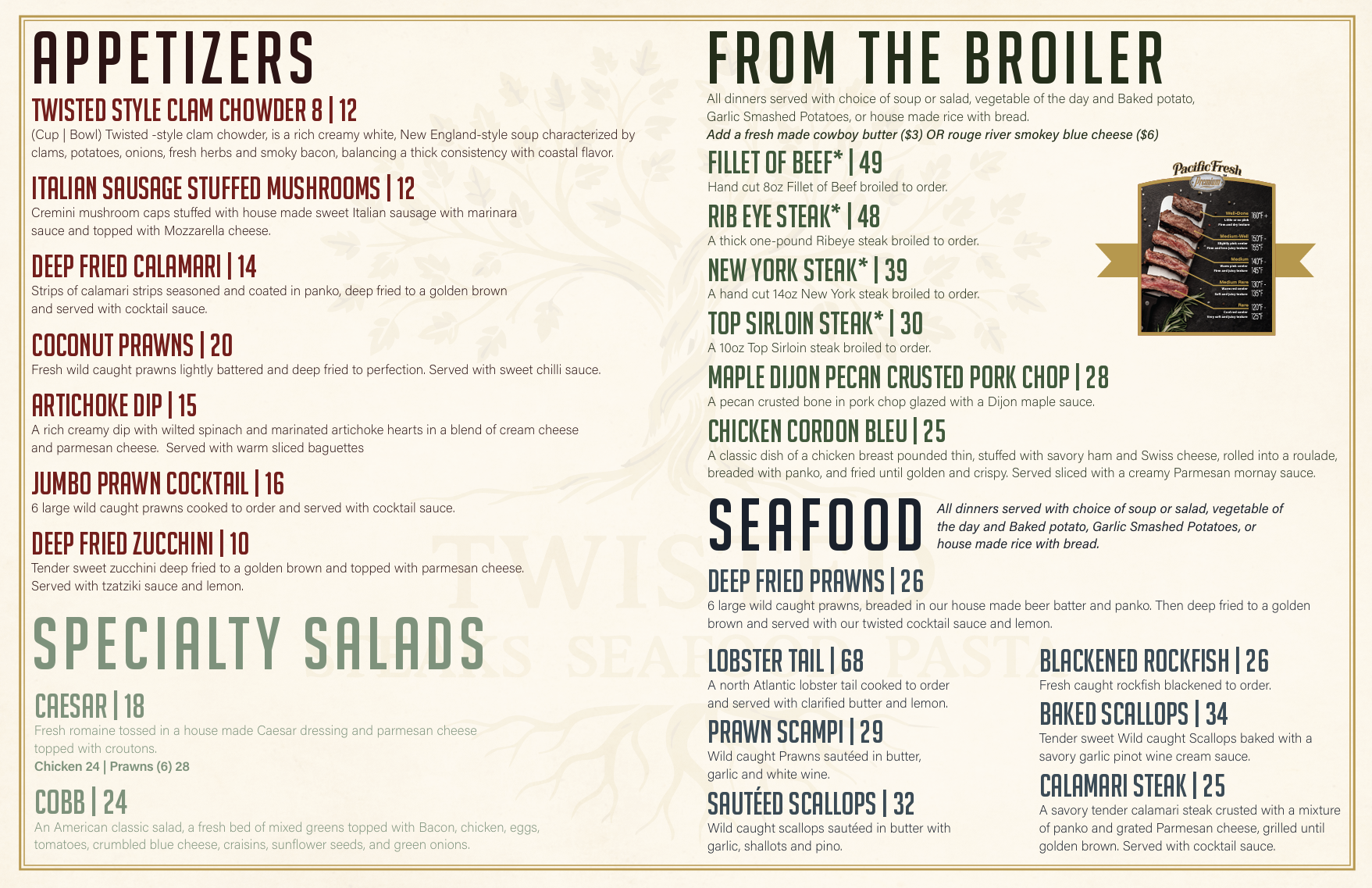 Menu featuring appetizers, specialty salads, and seafood dishes with descriptions and prices.