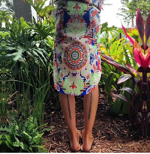 Back view of a person wearing a colorful, embroidered dress, standing amidst lush green plants in a garden.