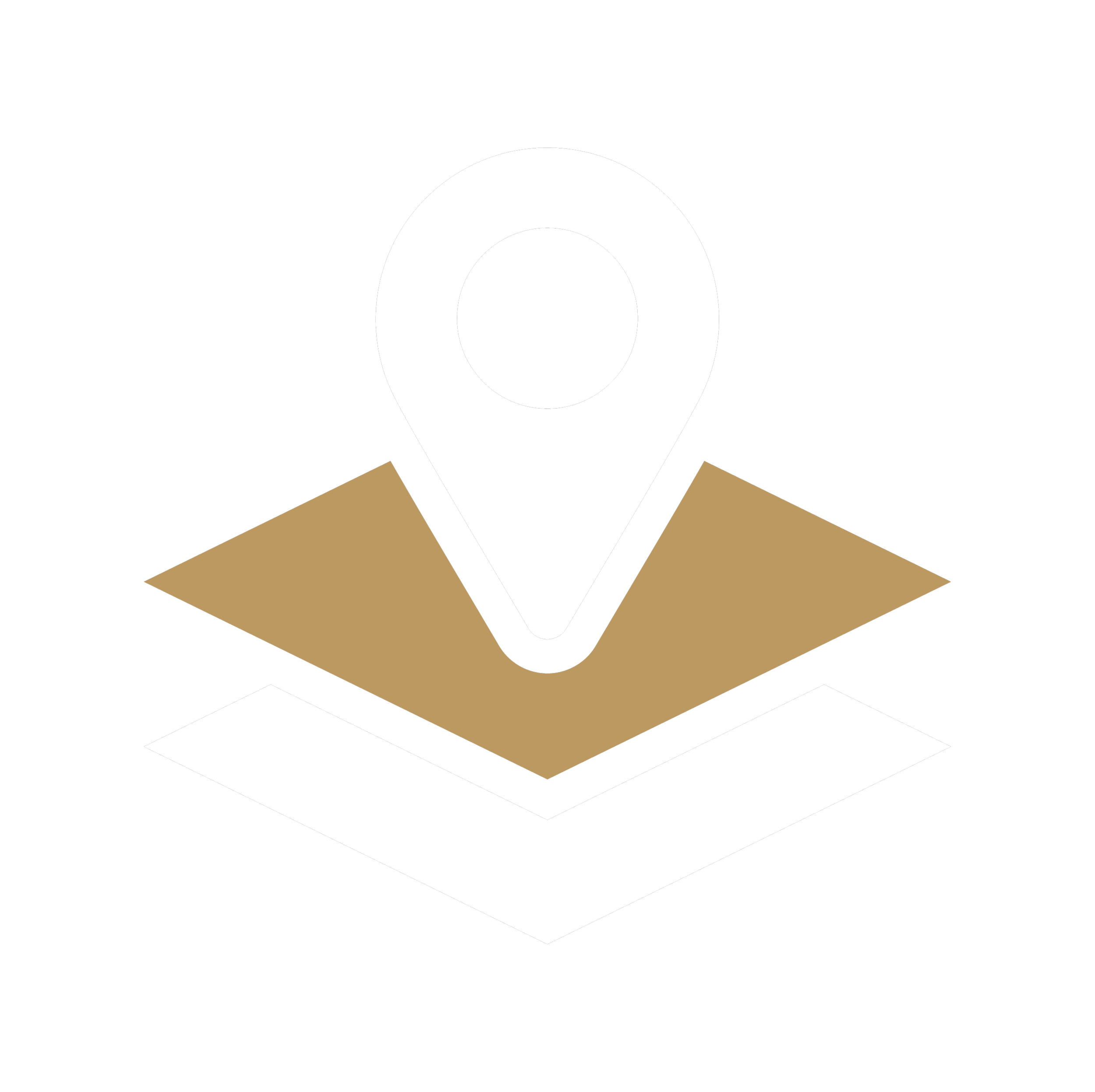 Icon of a location pin on top of layered map sheets on a black background.