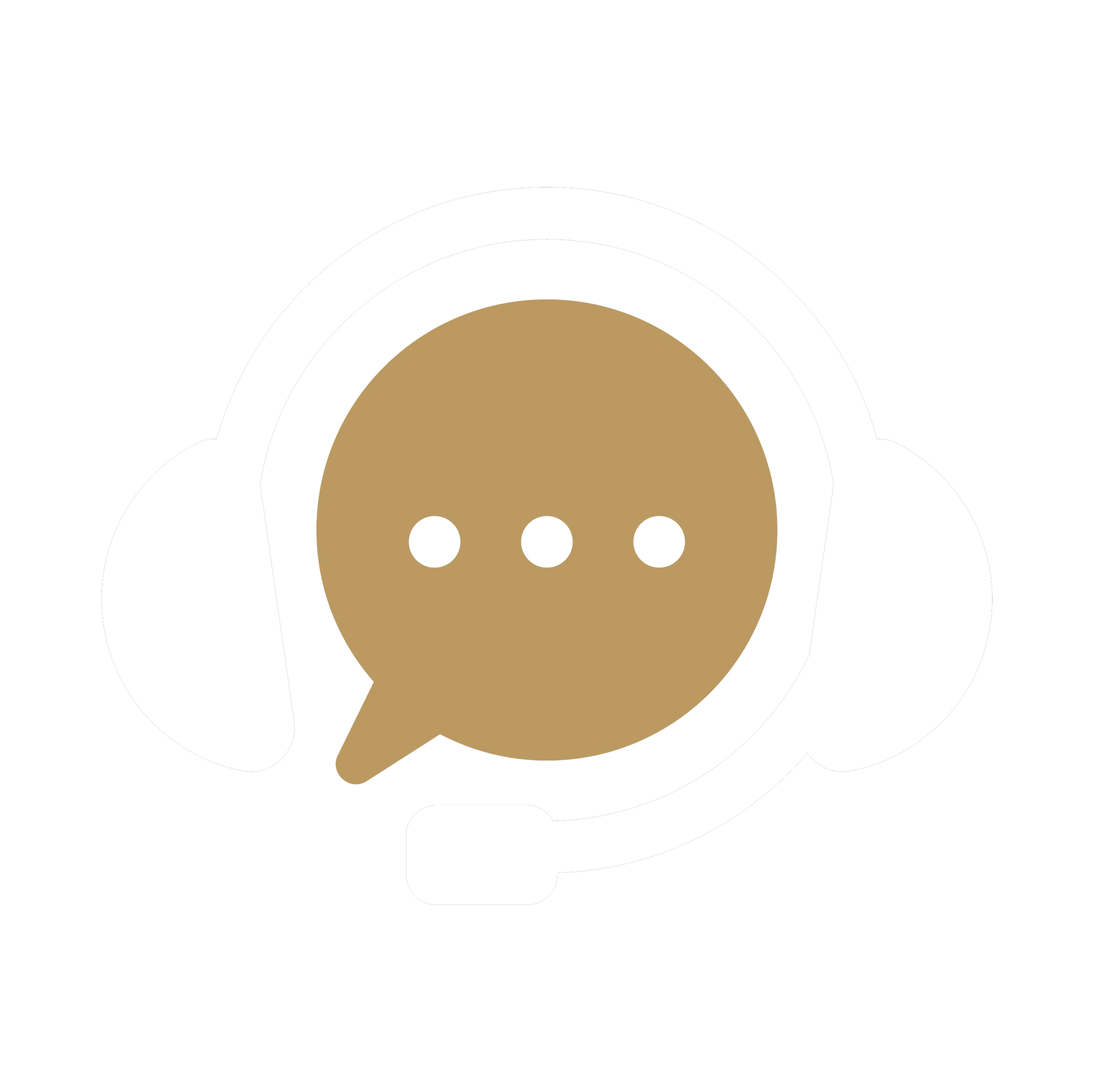 Chatbot avatar with a headset and a speech bubble with three dots.