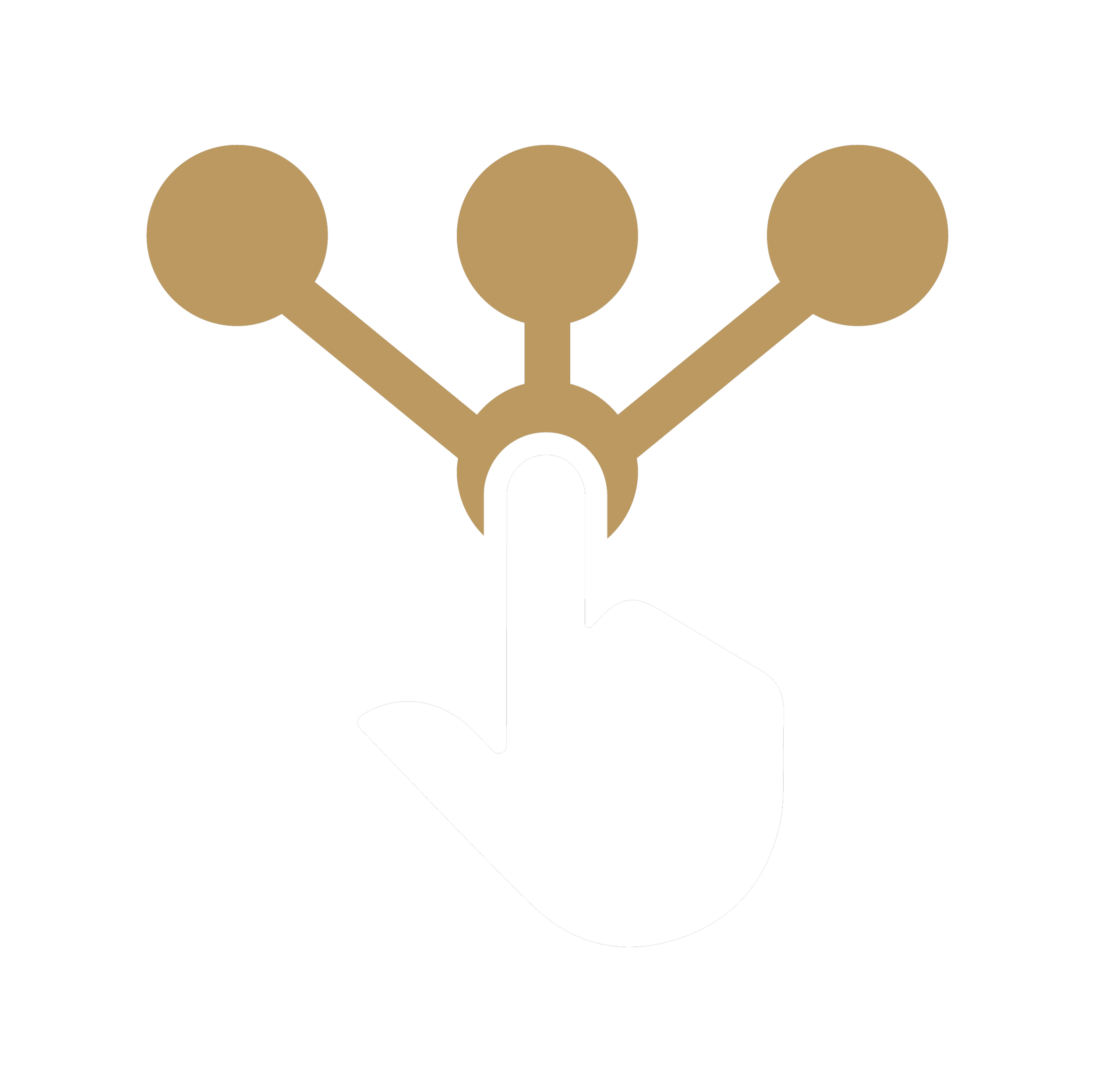 Icon of a white hand with a raised finger touching a brown network diagram with three connected nodes.