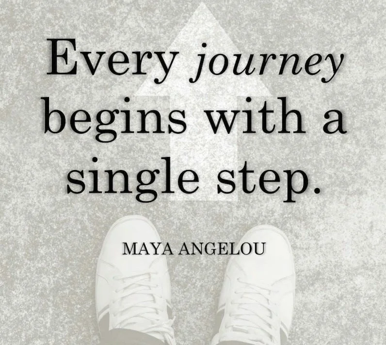 Quote by Maya Angelou: 'Every journey begins with a single step.' over an image of white sneakers on a textured surface.