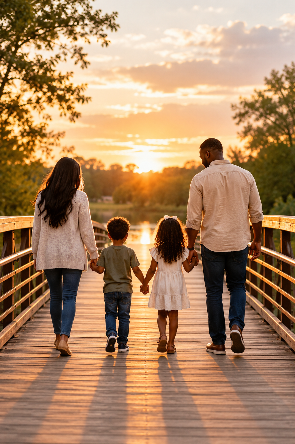 A family of five walking hand in hand on a wooden bridge at sunset. The parents and children are seen from behind with the sun setting over a river and trees in the background.