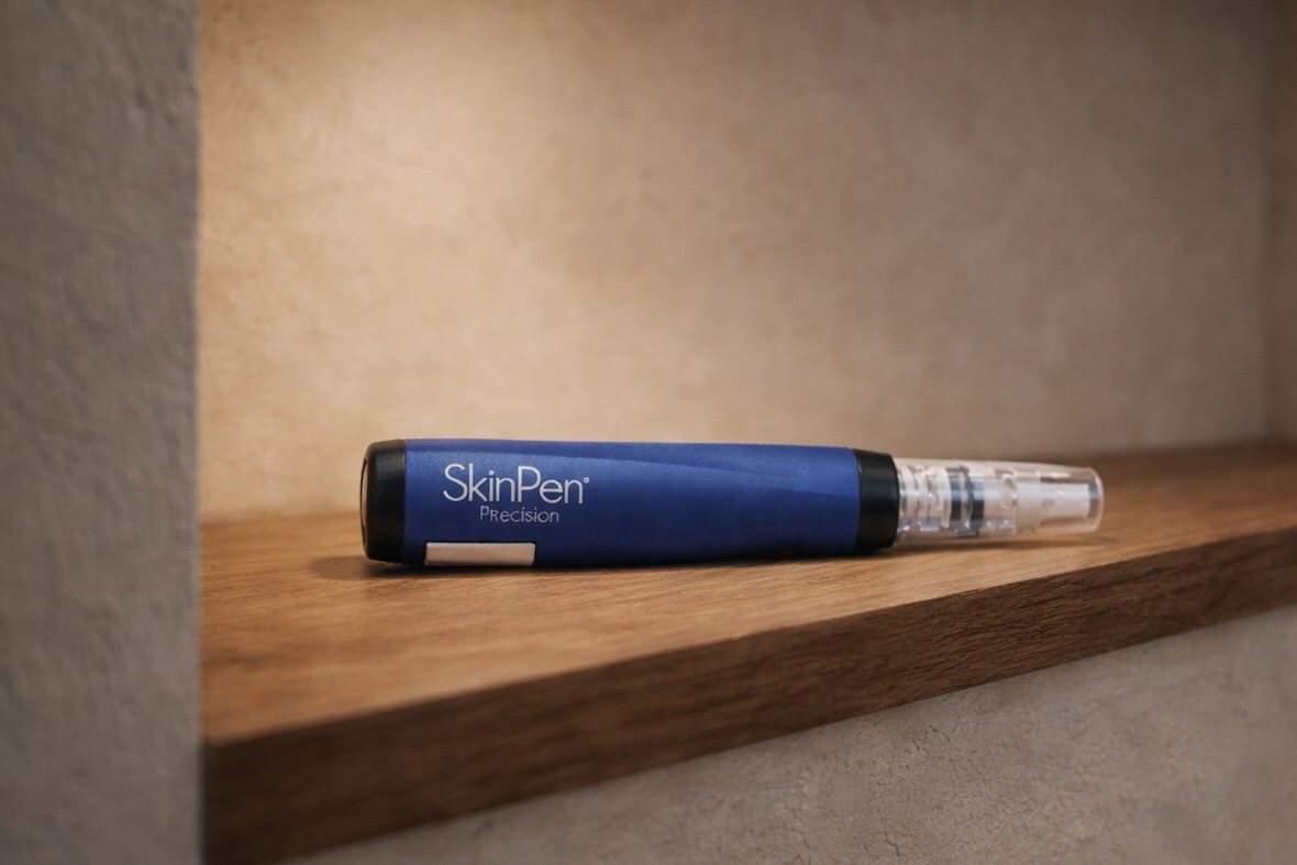 A blue SkinPen Precision device resting on a wooden shelf against a beige wall.