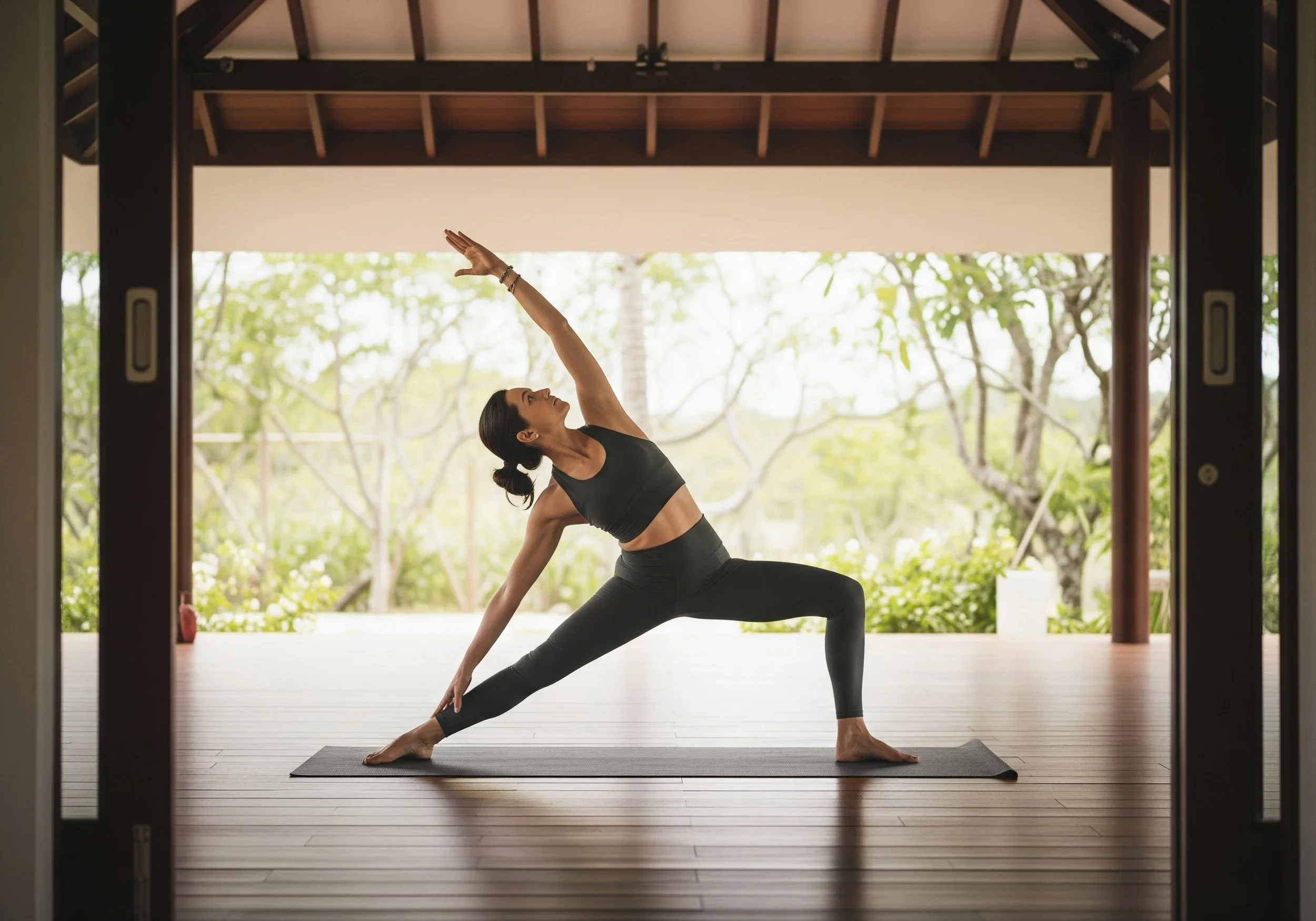A woman practicing yoga in a covered outdoor space, performing a high lunge with one arm reaching up and the other hand on her knee, surrounded by a natural green landscape.