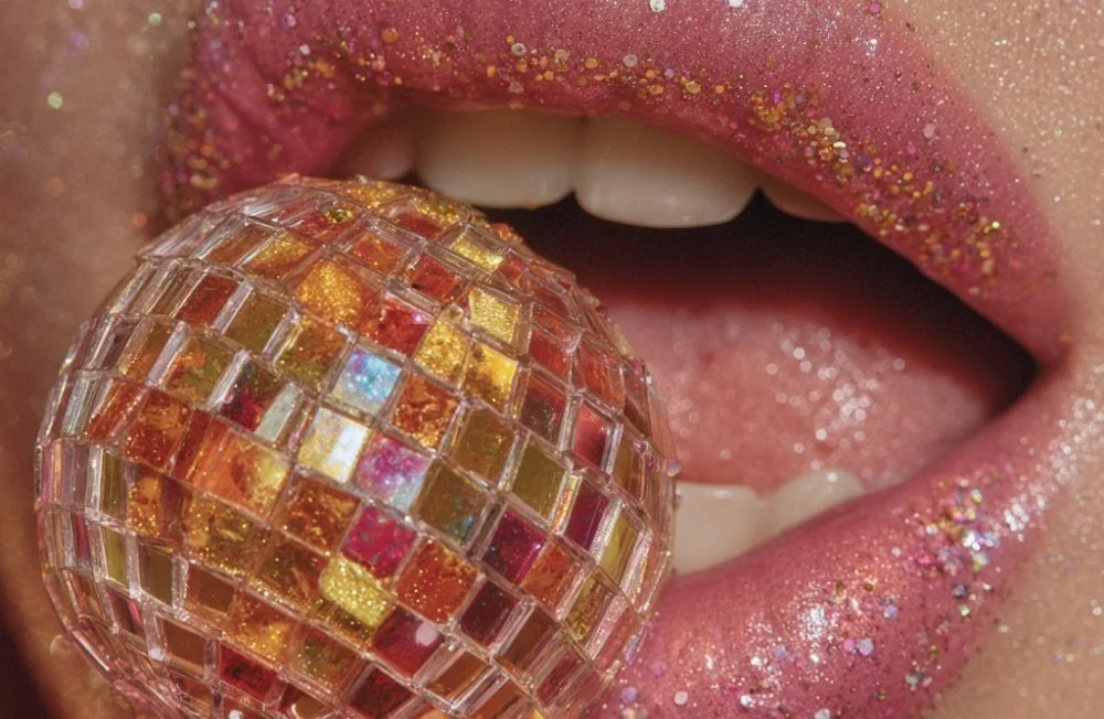 Close-up of lips with pink glitter lipstick and gold glitter, with a person holding a small disco ball in their mouth. The disco ball features colorful mirrored squares. Photo created by Sugar and Spice Beauty Bar in Kamloops, British Columbia.