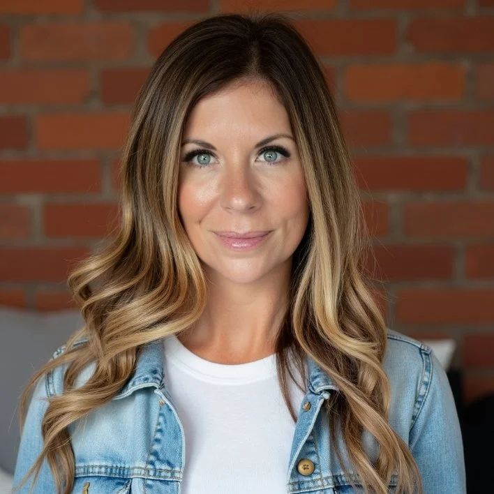 A woman with long wavy blonde hair and blue eyes, wearing a white t-shirt and denim jacket, smiling in front of a brick wall.