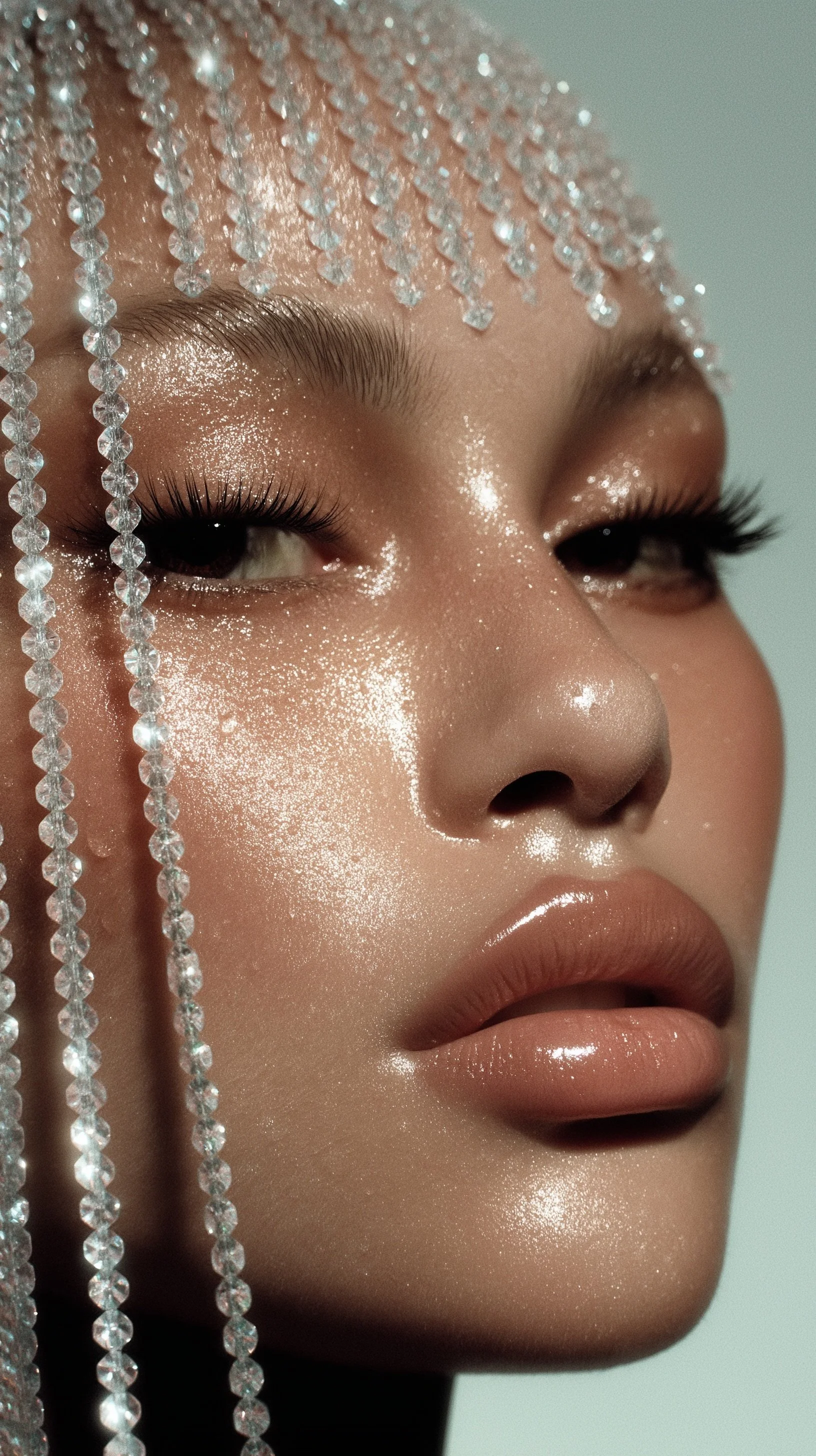 Close-up of a person's face with shimmering makeup, including metallic eyeshadow, glossy lips, and decorative strings of rhinestones hanging over the forehead.