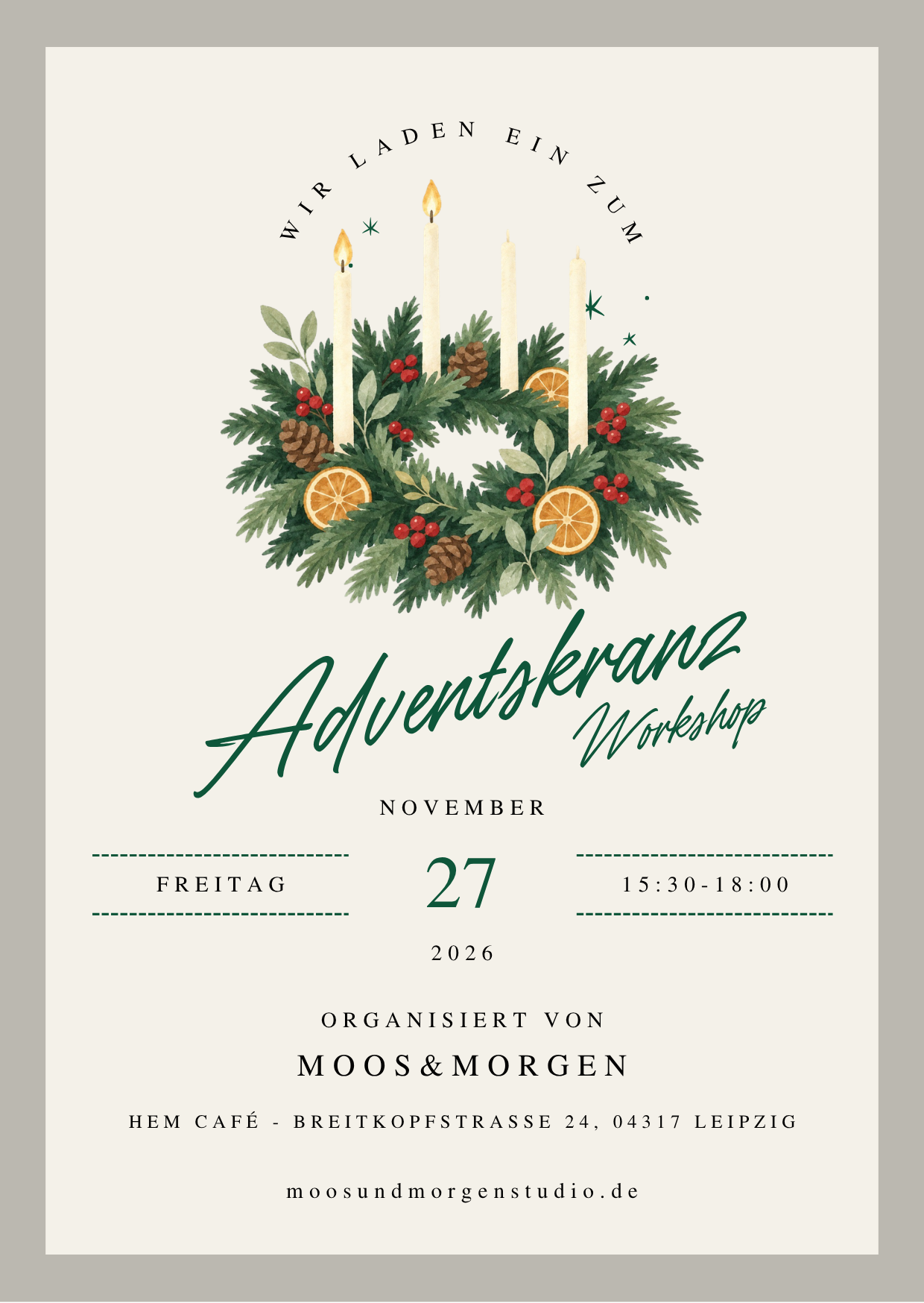 Cremefarben Grün Orange Retro Elegant Weihnachtsfeier Einladung.png