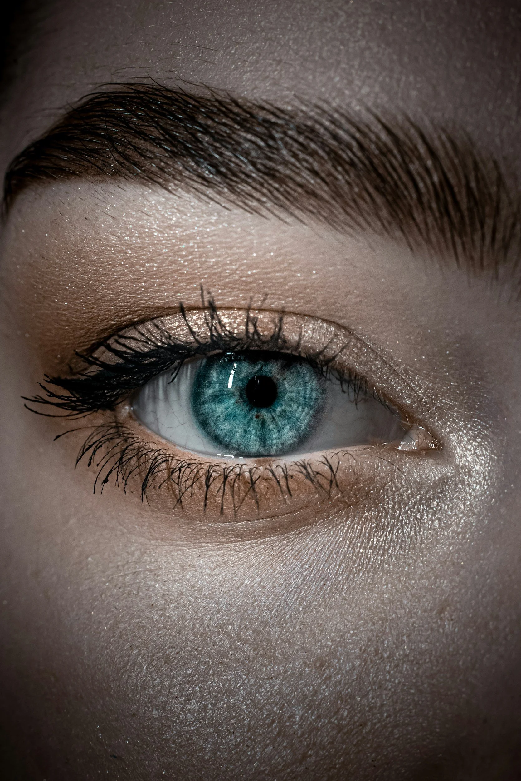 Close-up of a human eye with bright blue iris and makeup, eyelashes, and well-groomed eyebrow.
