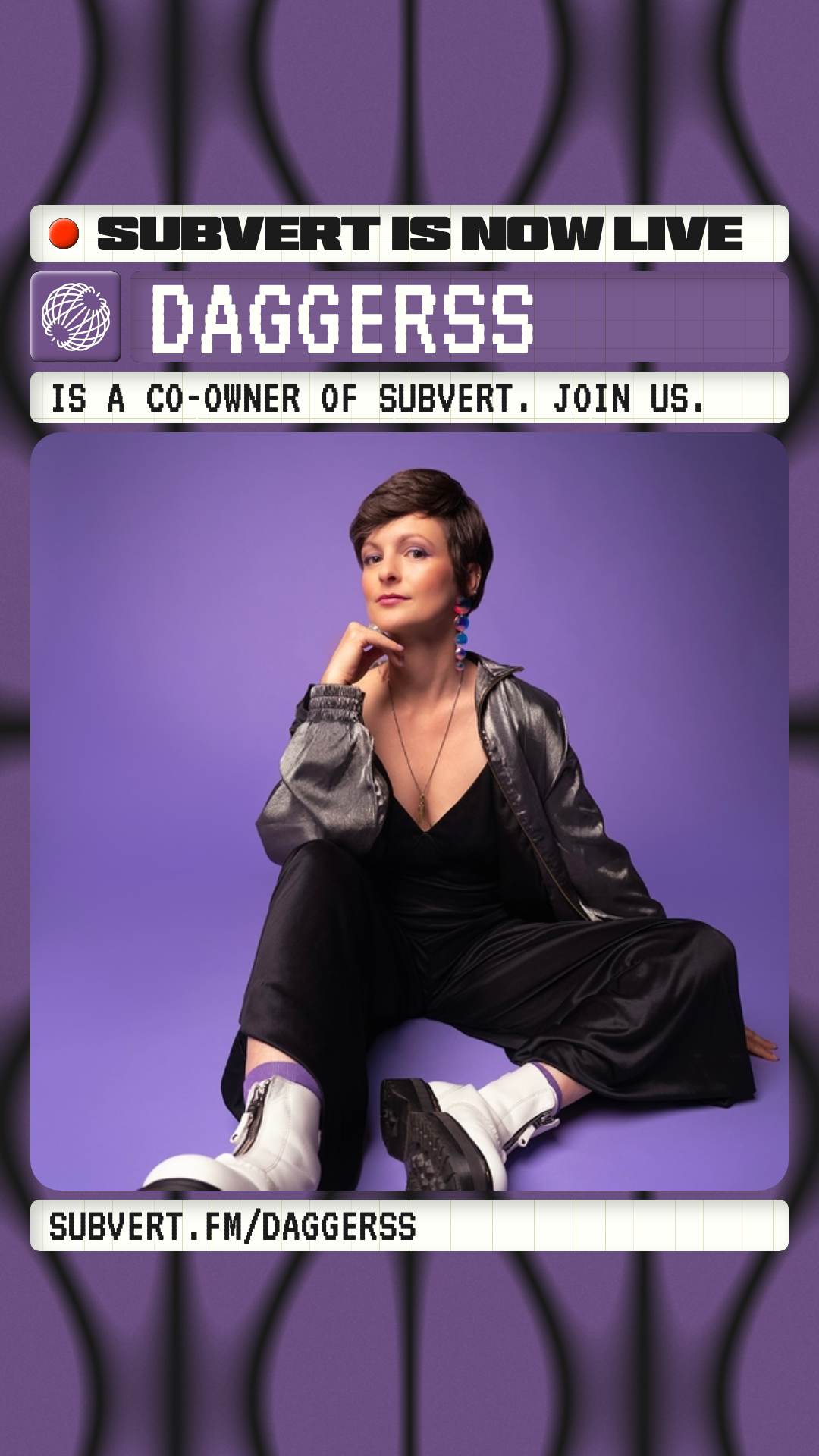 A woman with short dark hair wearing a black dress, silver jacket, and white boots, sitting on the floor with a purple background, promoting the band Daggerss on a social media page.