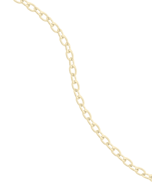 A close-up of a gold-colored chain with oval links.
