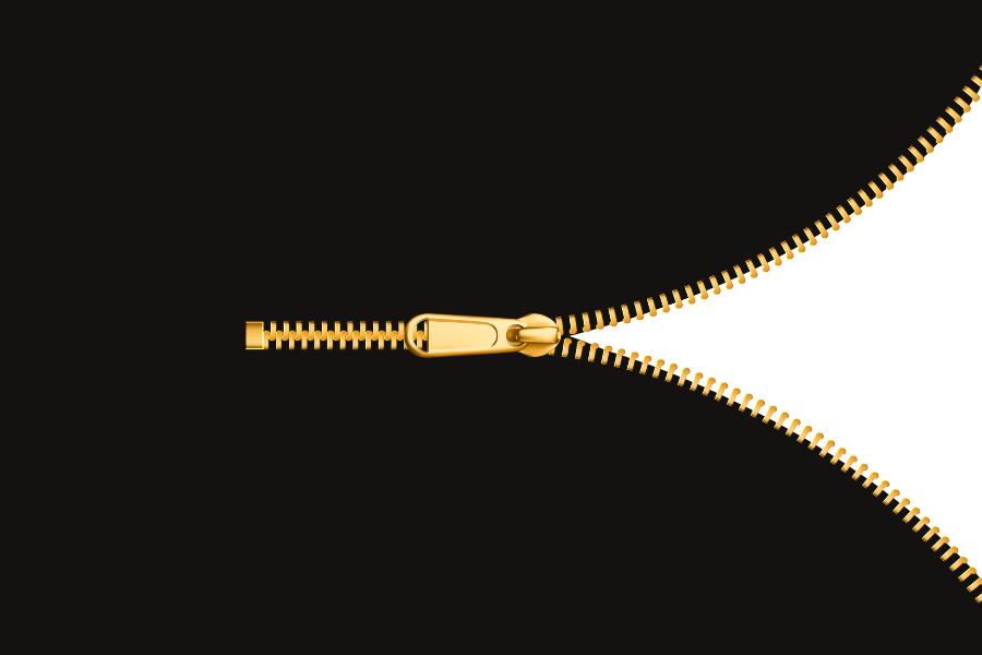 A closed gold zipper on a black background, showing the zipper's teeth and pull tab.
